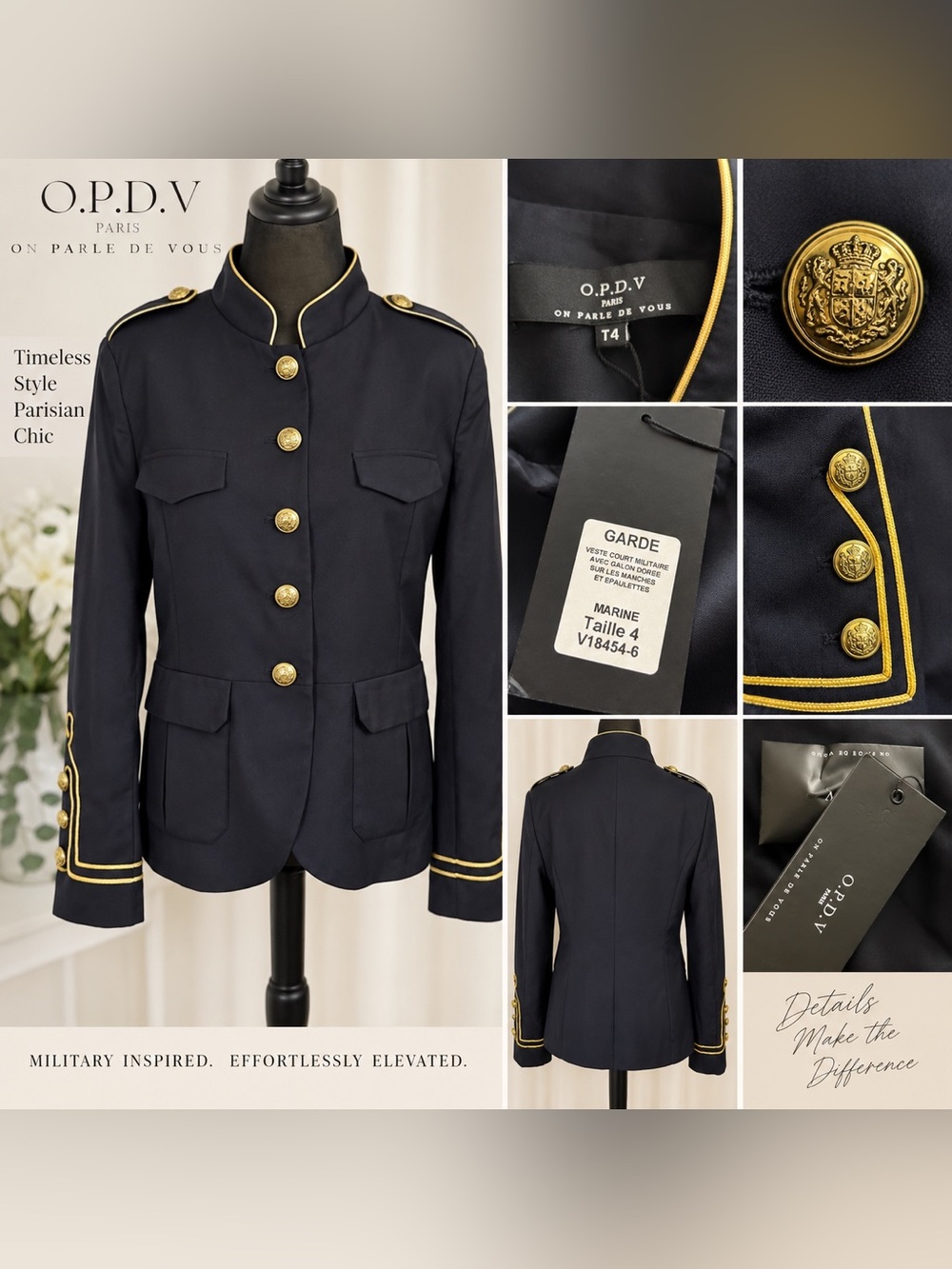 NWT O.P.D.V. Paris Garde Navy Gold Military Jacket Blazer T4 L